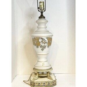 Venetian Lamp White Milk Glass Enameled Gold Gild Floral Pedastal ￼ MCM Vintage